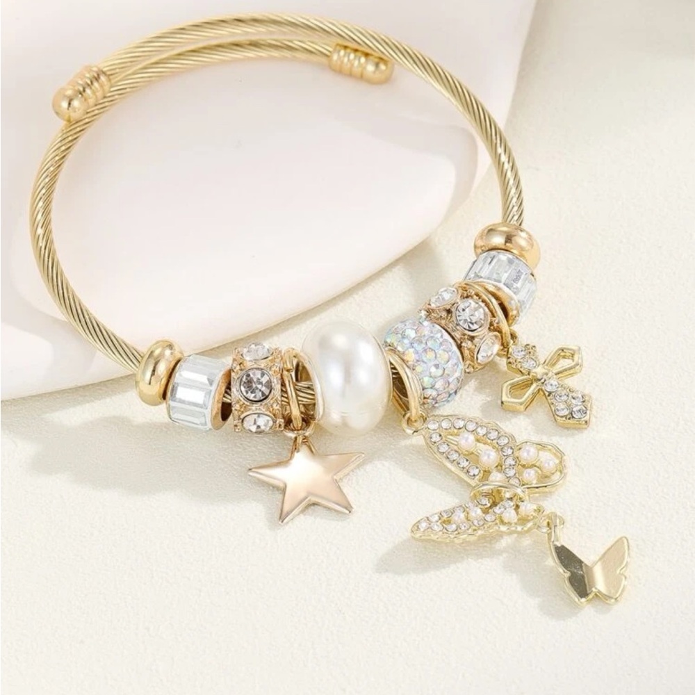 NWT Stainless Steel Gold Charm Bracelet Star Butterfly Cross and Pearl